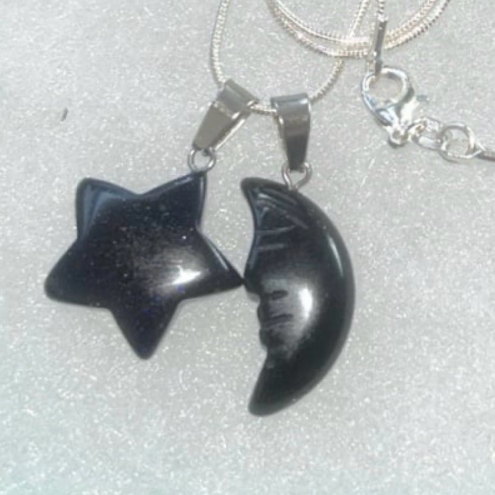 Natural Blue Goldstone Star ⭐️ and Onyx Moon 🌙 Sterling Silver 24” Ne…